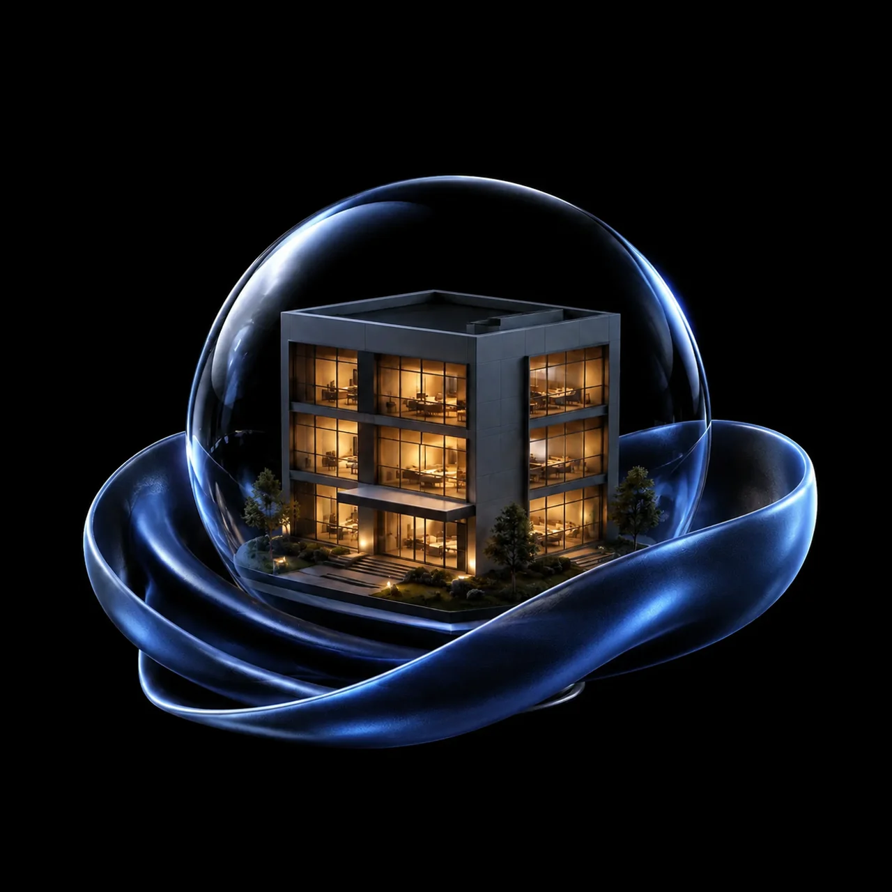 Conceptual illustration of a business inside a glass sphere, surrounded by a blue ribbon representing ongoing IT care.