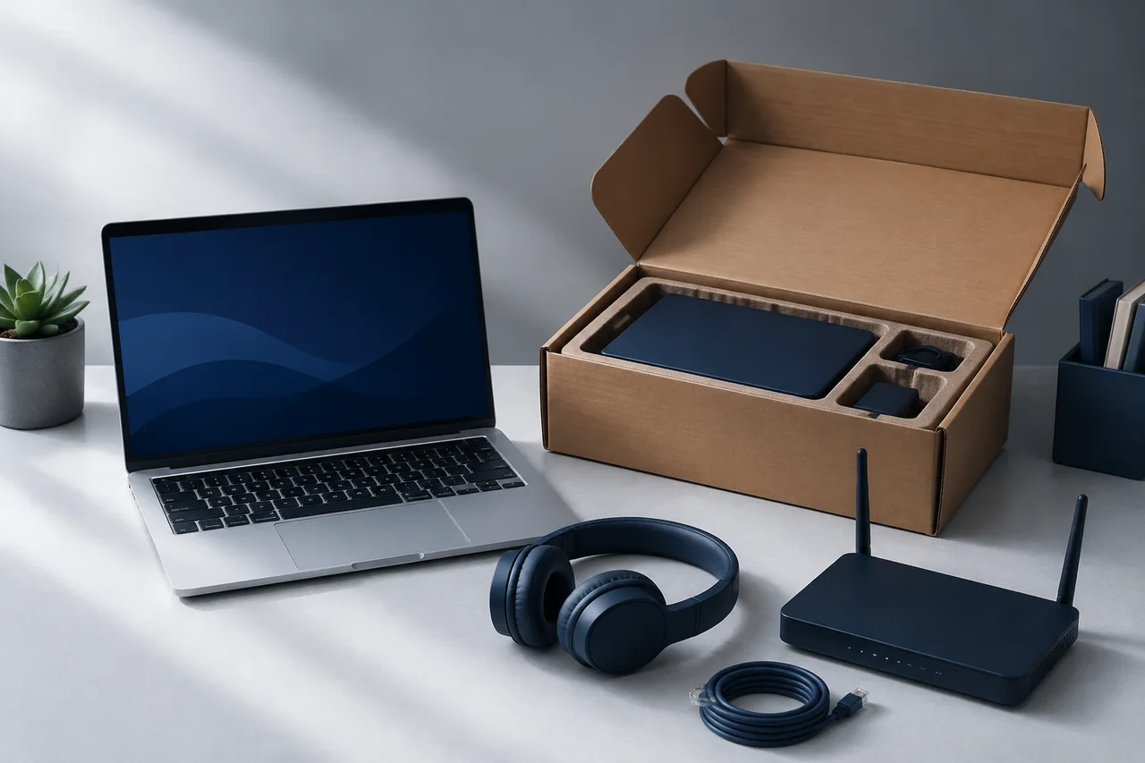 Illustration of a laptop, packed equipment, headset and router prepared for a business workstation.